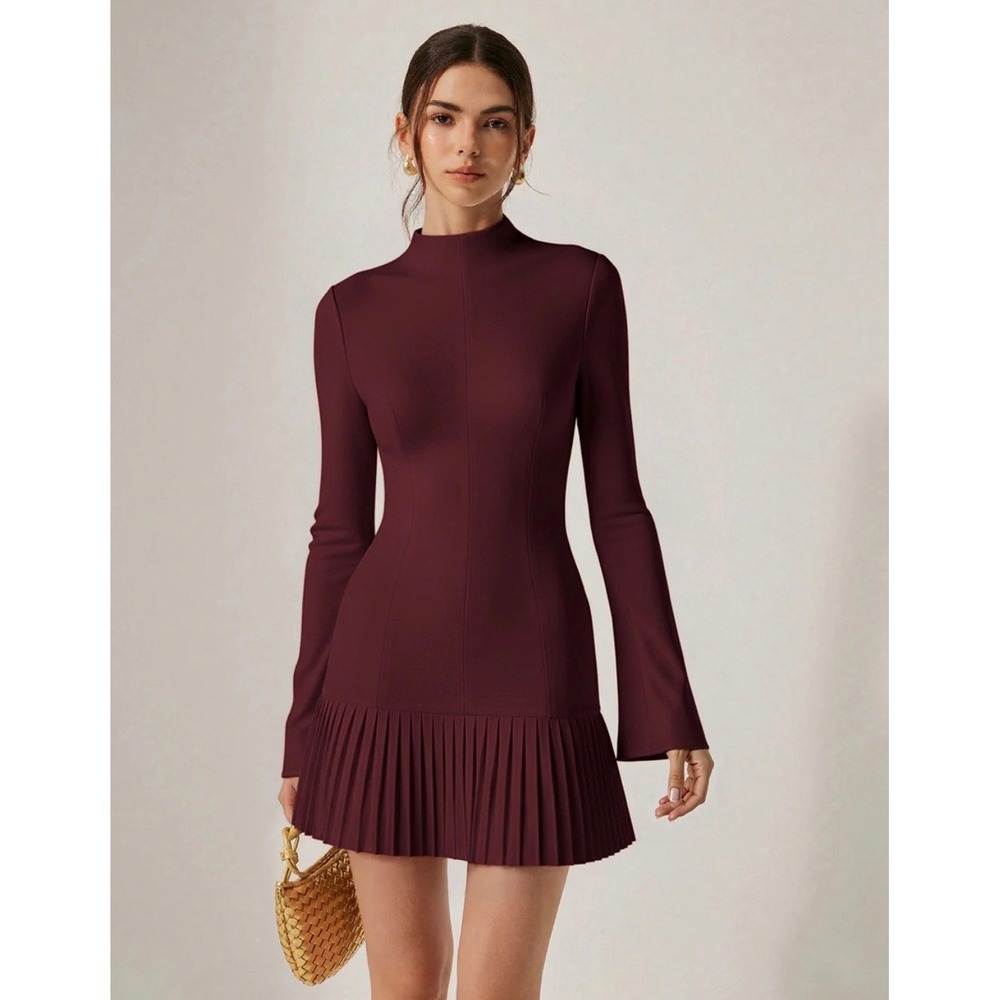 Commense Pleated Burgundy Long Sleeve Mock Neck Pleated Hem Mini Dress S